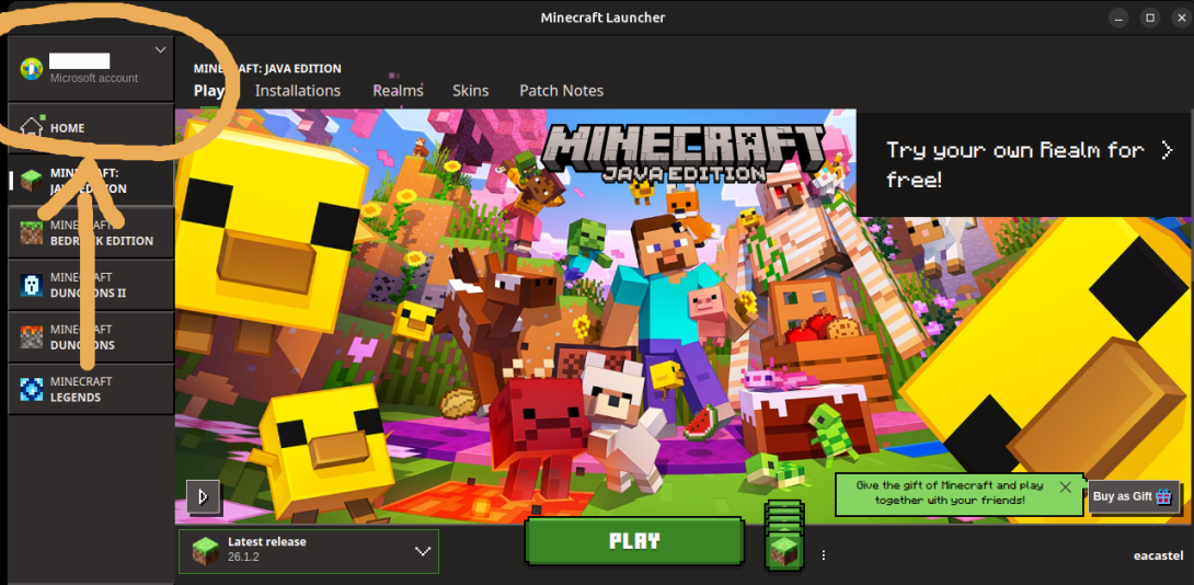 Minecraft Launcher profile showing where to find your Java username