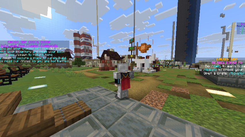 ENDOS SMP spawn area showing a family-friendly Minecraft server environment